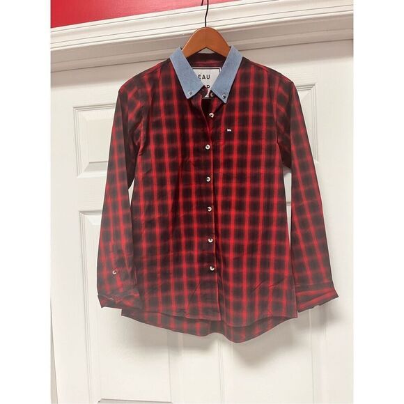 Peau De Loup Red & Black Plaid Chambray Collar Button Down Shirt sz 2 NWOT - Picture 1 of 7